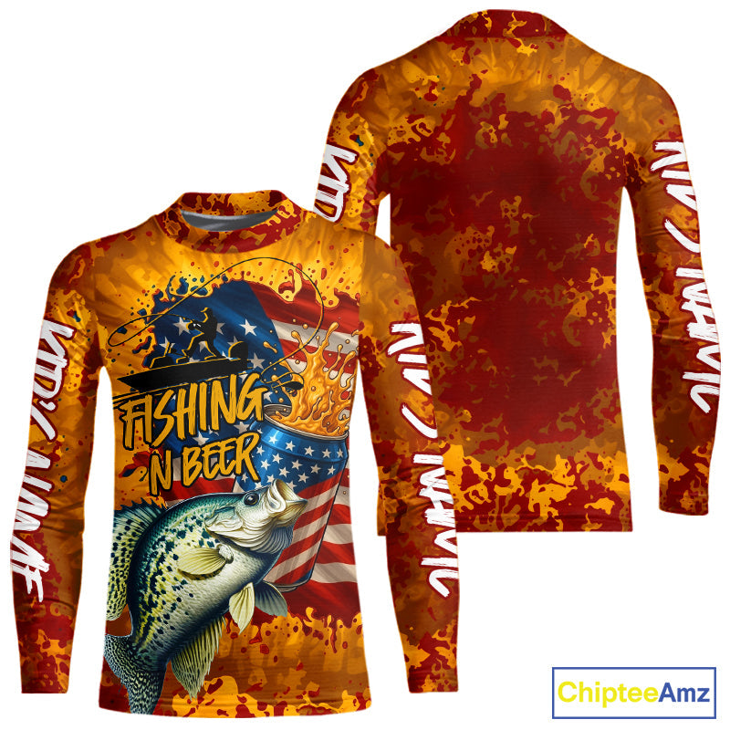 Custom US Flag Patriotic Crappie Fishing N Beer Kid Long Sleeve Camo Fishing Shirts IPHW9193