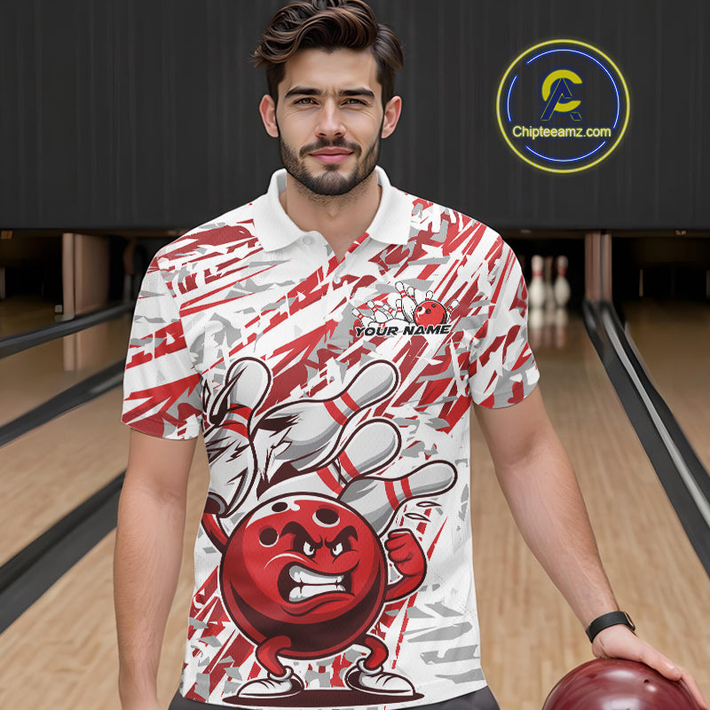 Red Camo Custom Funny Bowling Polo Shirts For Men, Bowling Team Tournament Shirt IPHW9397