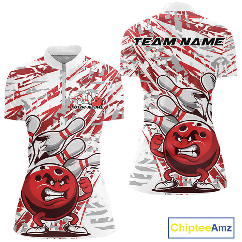 Red Camo Custom Funny Bowling Women Quarter-Zip Shirts, Bowling Team Tournament Shirt IPHW9397