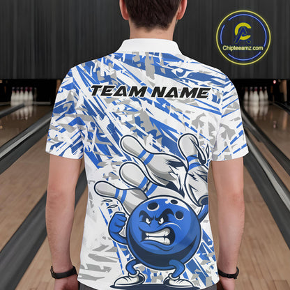 Blue Camo Custom Funny Bowling Polo Shirts For Men, Bowling Team Tournament Shirt IPHW9398