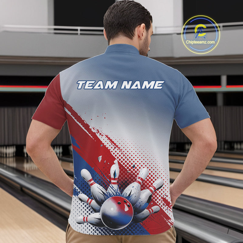 Custom Red, White And Blue Patriotic Bowling Quarter-Zip Shirts For Men, Bowling League Shirt IPHW9544