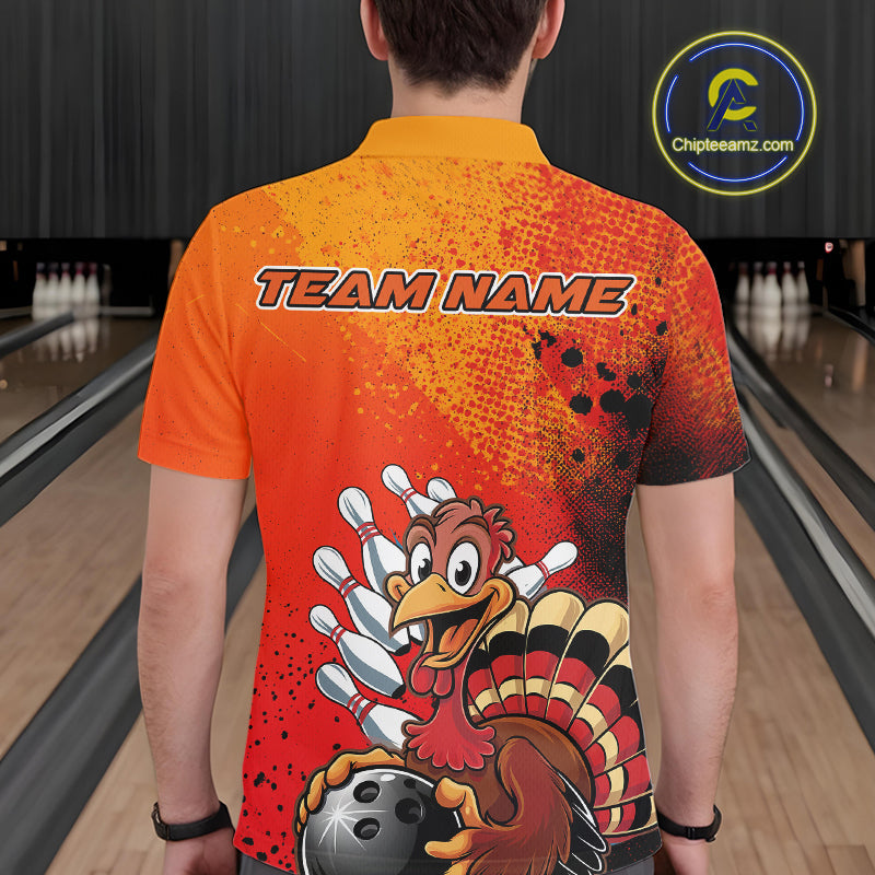 Custom Funny Orange Turkey Bowling Team Men Polo Shirts, Thanksgiving Bowling Outfit IPHW9785