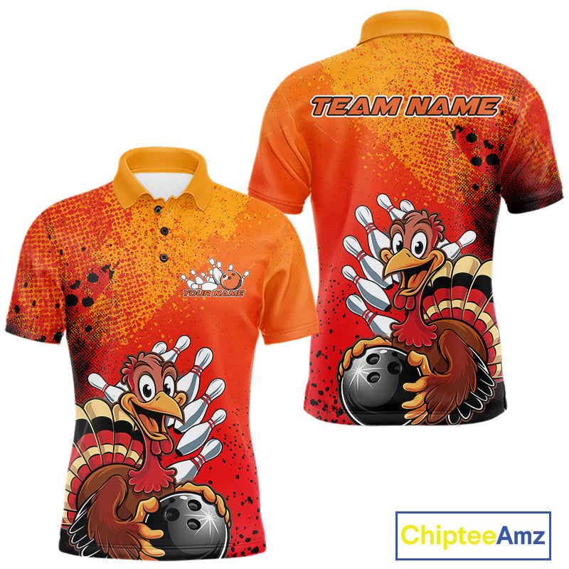 Custom Funny Orange Turkey Bowling Team Men Polo Shirts, Thanksgiving Bowling Outfit IPHW9785