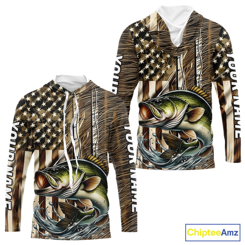 Custom Patriotic Camouflage American Flag Rod Largemouth Bass Long Sleeve Hooded Fishing Shirts IPHW9218