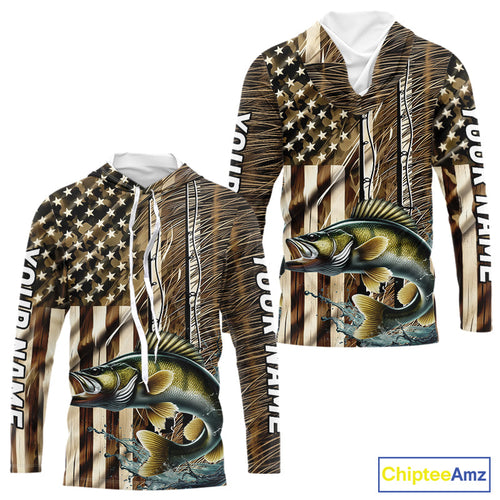 Custom Patriotic Camouflage American Flag Fishing Rod Walleye Long Sleeve Hooded Fishing Shirts IPHW9219