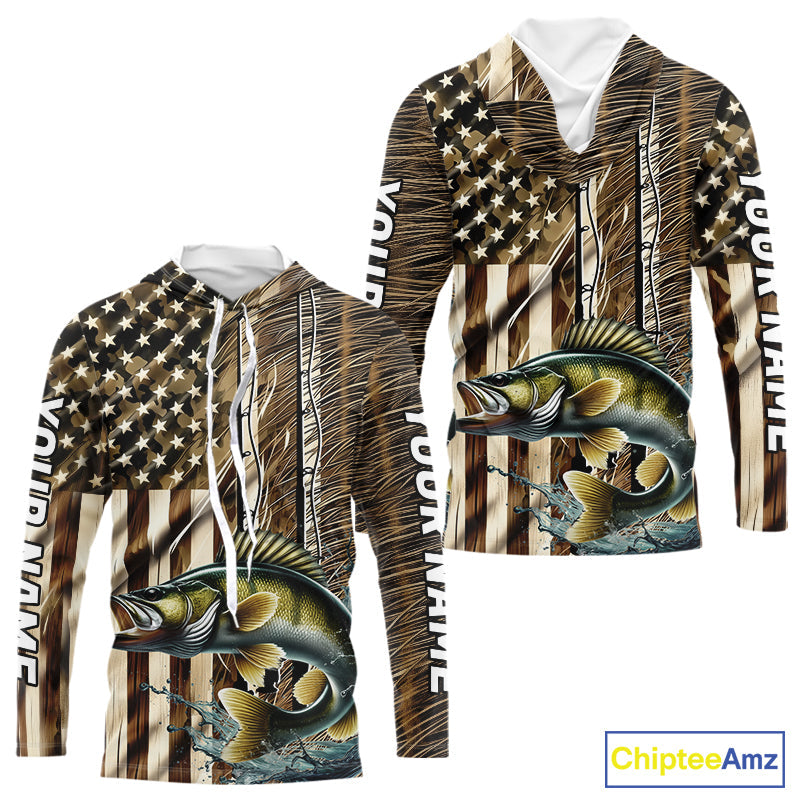 Custom Patriotic Camouflage American Flag Fishing Rod Walleye Long Sleeve Hooded Fishing Shirts IPHW9219