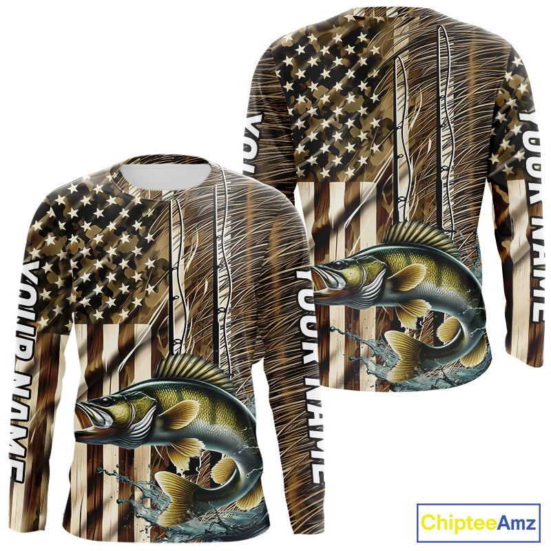 Custom Patriotic Camouflage American Flag Fishing Rod Walleye Long Sleeve Fishing Shirts IPHW9219