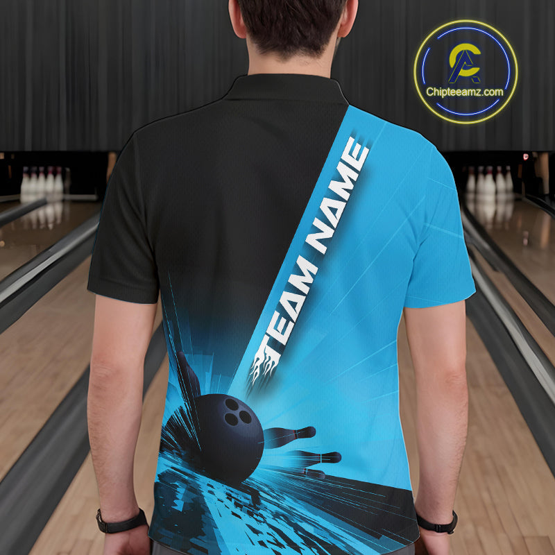 Custom Black And Blue Strike Bowling Polo Shirts For Men, Bowling Team Uniform IPHW9552