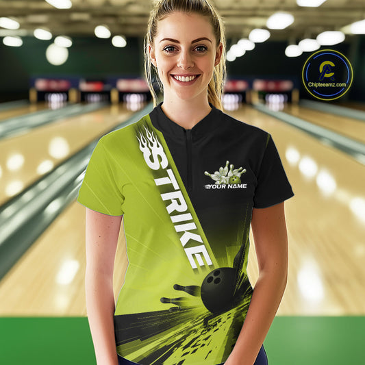 Custom Black And Green Strike Bowling Quarter-Zip Shirts For Women, Bowling Team Uniform IPHW9553