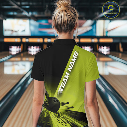 Custom Black And Green Strike Bowling Quarter-Zip Shirts For Women, Bowling Team Uniform IPHW9553