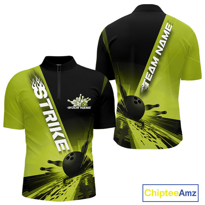 Custom Black And Green Strike Bowling Quarter-Zip Shirts For Men, Bowling Team Uniform IPHW9553