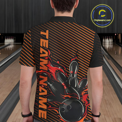 Custom Red Orange Flame Bowling Polo Shirts For Men, Bowling Tournament Team Shirt IPHW9403