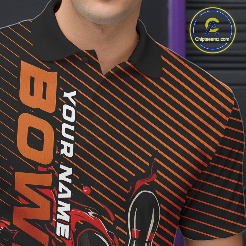 Custom Red Orange Flame Bowling Polo Shirts For Men, Bowling Tournament Team Shirt IPHW9403
