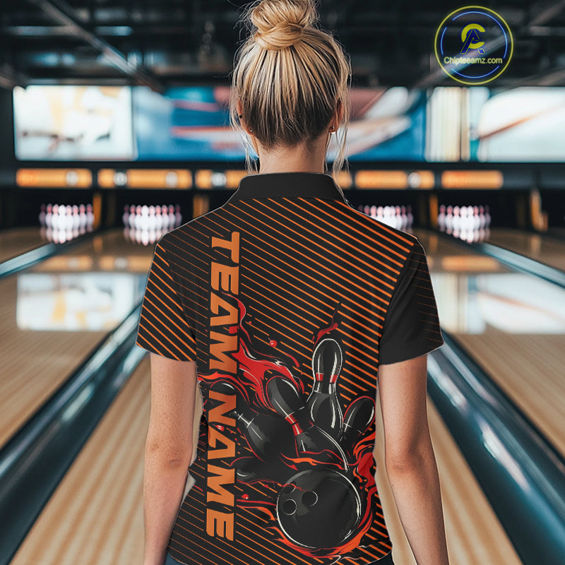 Custom Red Orange Flame Bowling Polo Shirts For Women, Bowling Tournament Team Shirt IPHW9403