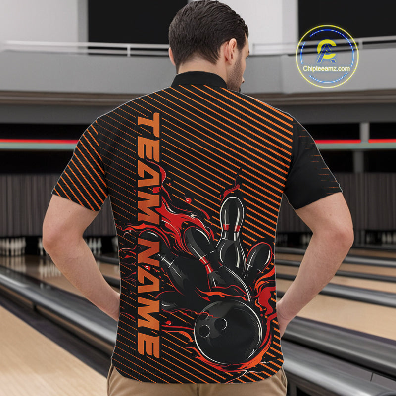 Custom Red Orange Flame Bowling Quarter-Zip Shirts For Men, Bowling Tournament Team Shirt IPHW9403