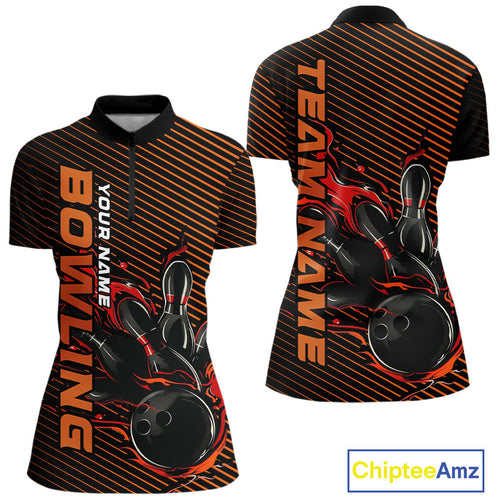 Custom Red Orange Flame Bowling Women Quarter-Zip Shirts, Bowling Tournament Team Shirt IPHW9403