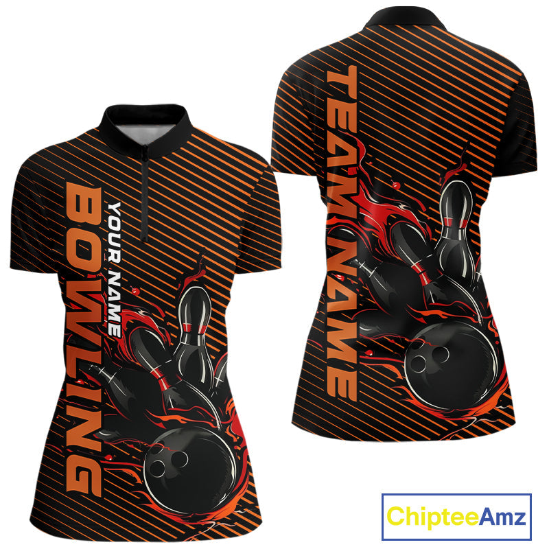 Custom Red Orange Flame Bowling Women Quarter-Zip Shirts, Bowling Tournament Team Shirt IPHW9403