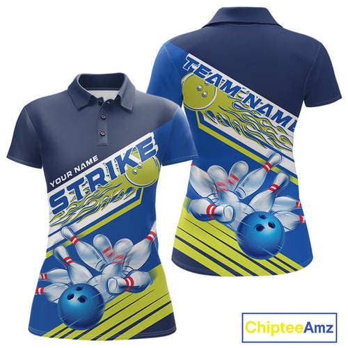 Custom Blue And Green Flame Strike Bowling Team Women Polo Shirts, Bowling Jerseys IPHW9404