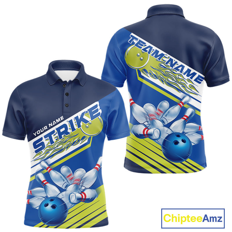 Custom Blue And Green Flame Strike Bowling Team Men Polo Shirts, Bowling Jerseys IPHW9404