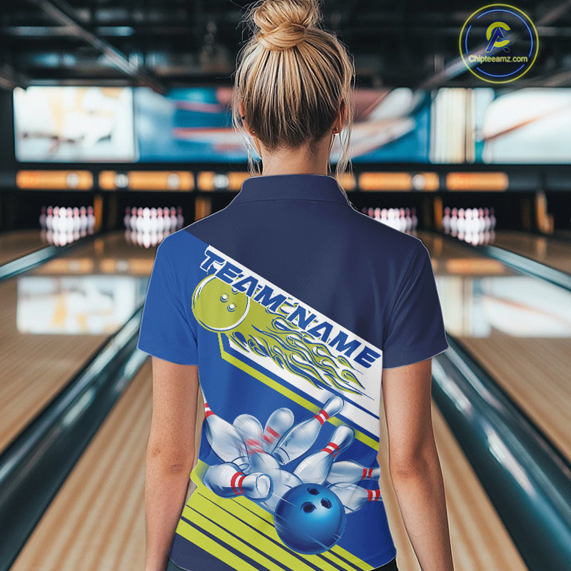 Custom Blue And Green Flame Strike Bowling Team Women Quarter-Zip Shirts, Bowling Jerseys IPHW9404