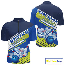 Load image into Gallery viewer, Custom Blue And Green Flame Strike Bowling Team Men Quarter-Zip Shirts, Bowling Jerseys IPHW9404