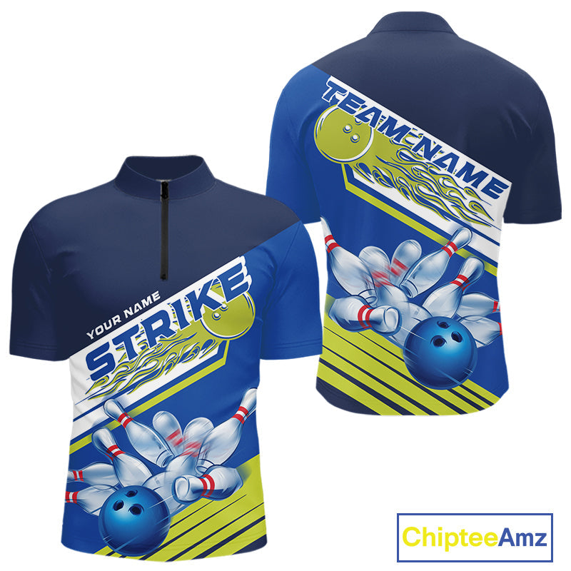 Custom Blue And Green Flame Strike Bowling Team Men Quarter-Zip Shirts, Bowling Jerseys IPHW9404
