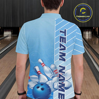 Custom Gradient Blue Bowling Pattern Team Polo Shirts For Men, Bowling Tournament Shirt IPHW9406