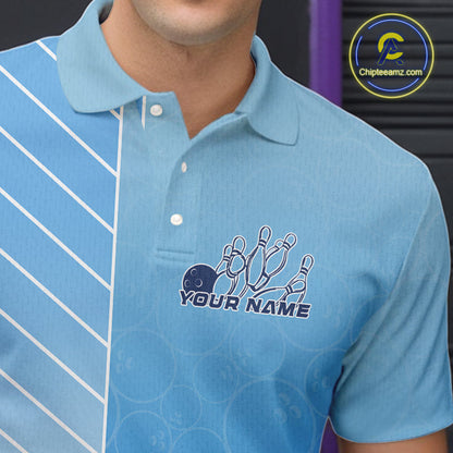 Custom Gradient Blue Bowling Pattern Team Polo Shirts For Men, Bowling Tournament Shirt IPHW9406