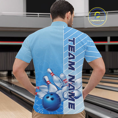 Custom Gradient Blue Bowling Pattern Team Quarter-Zip Shirts For Men, Bowling Tournament Shirt IPHW9406