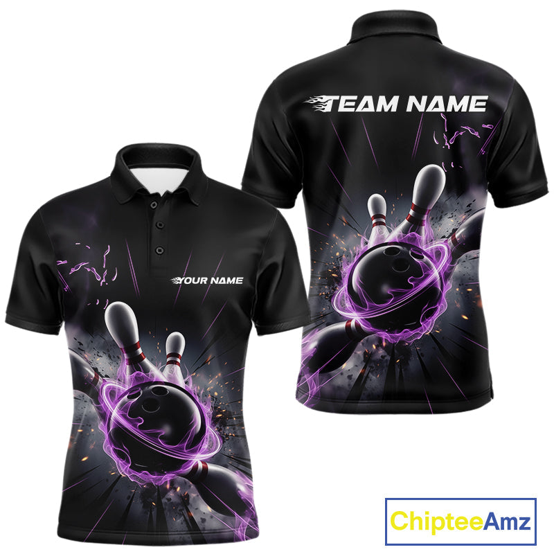 Custom Galaxy Purple Flame Bowling Polo Shirt For Men, Bowling League Team Uniform IPHW9567
