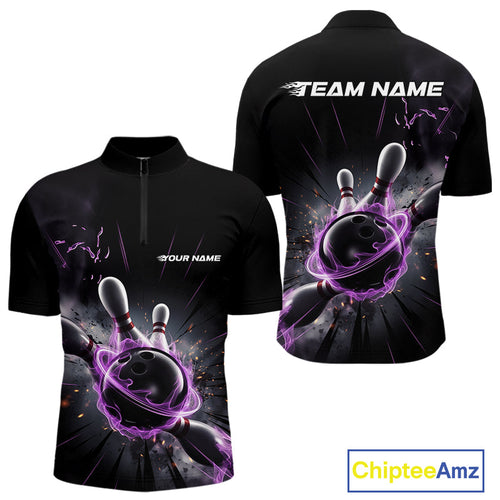 Custom Galaxy Purple Flame Bowling Quarter-Zip Shirt For Men, Bowling League Team Uniform IPHW9567