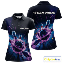 Load image into Gallery viewer, Custom Galaxy Blue And Purple Flame Bowling Women Polo Shirt, Bowling League Team Uniform IPHW9568