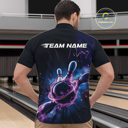 Custom Galaxy Blue And Purple Flame Bowling Men Quarter-Zip Shirt , Bowling League Team Uniform IPHW9568