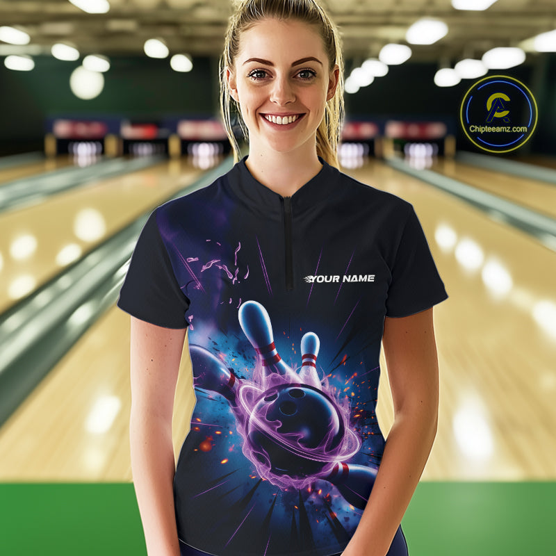 Custom Galaxy Blue And Purple Flame Bowling Women Quarter-Zip Shirt, Bowling Uniform IPHW9568
