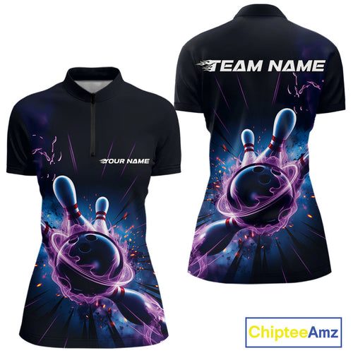 Custom Galaxy Blue And Purple Flame Bowling Women Quarter-Zip Shirt, Bowling Uniform IPHW9568