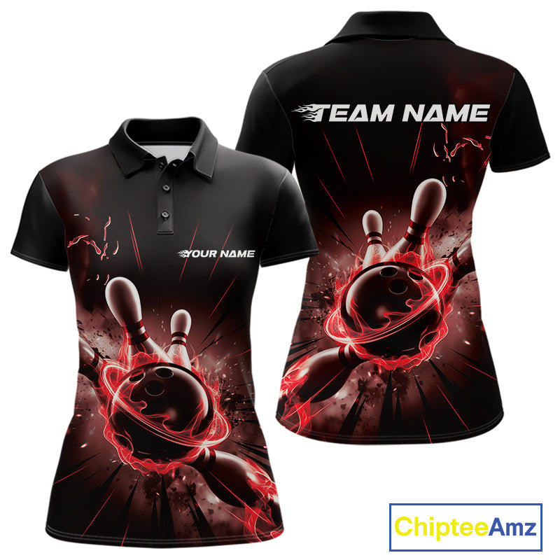 Custom Galaxy Red Flame Bowling Polo Shirt For Women, Bowling League Team Uniform IPHW9569