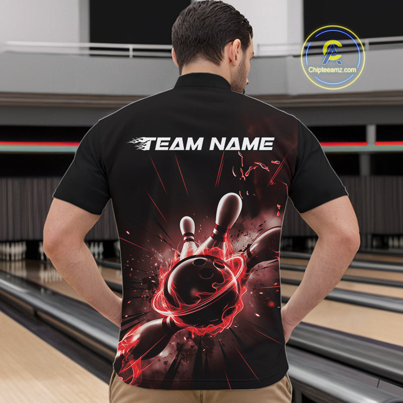 Custom Galaxy Red Flame Bowling Quarter-Zip Shirt For Men, Bowling League Team Uniform IPHW9569