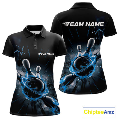Custom Galaxy Blue Flame Bowling Polo Shirt For Women, Bowling League Team Uniform IPHW9570