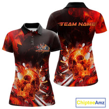 Load image into Gallery viewer, Custom Fire Flame Skull Bowling Polo Shirts For Women, Halloween Bowling Outfits IPHW9579