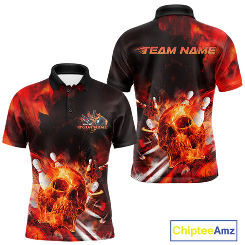 Custom Fire Flame Skull Bowling Polo Shirts For Men, Halloween Bowling Outfits IPHW9579
