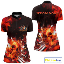 Load image into Gallery viewer, Custom Fire Flame Skull Bowling Quarter-Zip Shirts For Women, Halloween Bowling Outfits IPHW9579