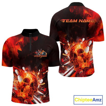 Custom Fire Flame Skull Bowling Quarter-Zip Shirts For Men, Halloween Bowling Outfits IPHW9579