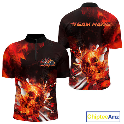 Custom Fire Flame Skull Bowling Quarter-Zip Shirts For Men, Halloween Bowling Outfits IPHW9579