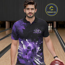 Load image into Gallery viewer, Custom Purple Fire Flame Skull Bowling Polo Shirts For Men, Halloween Bowling Outfits IPHW9580