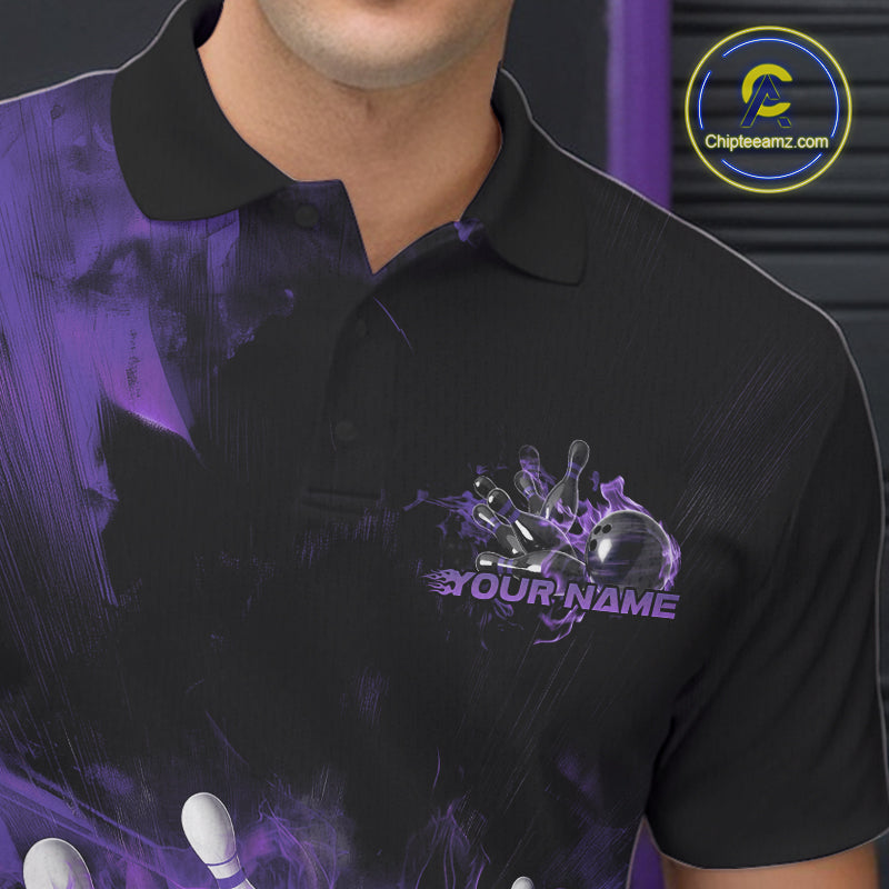 Custom Purple Fire Flame Skull Bowling Polo Shirts For Men, Halloween Bowling Outfits IPHW9580