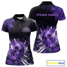 Load image into Gallery viewer, Custom Purple Fire Flame Skull Bowling Polo Shirts For Women, Halloween Bowling Outfits IPHW9580