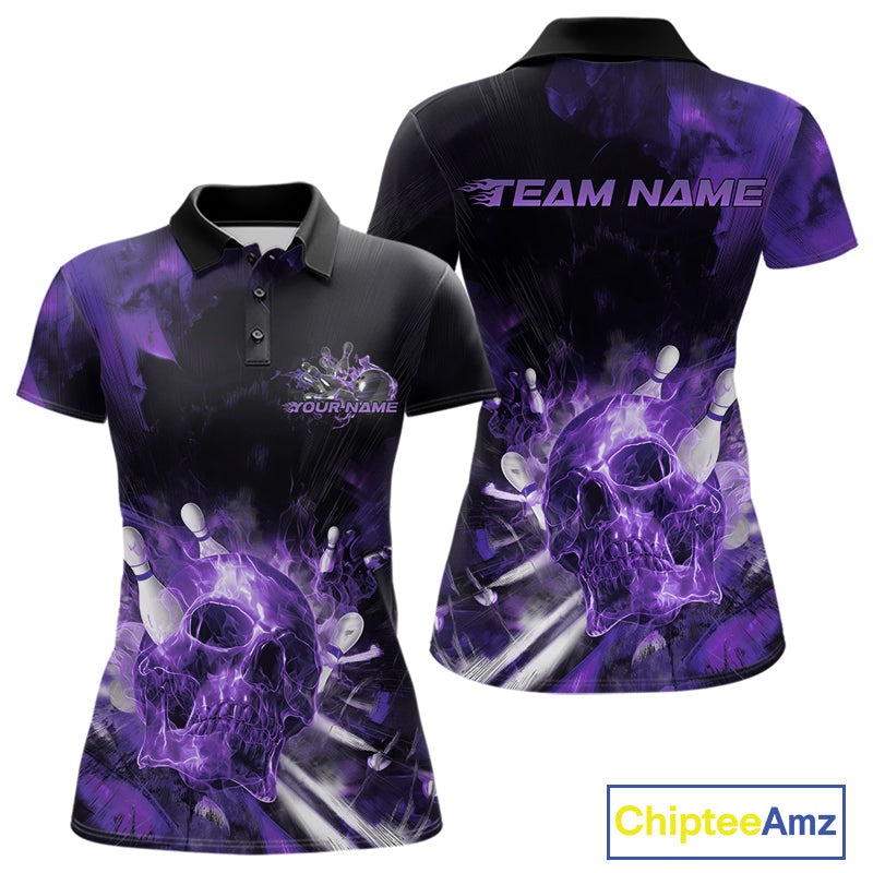 Custom Purple Fire Flame Skull Bowling Polo Shirts For Women, Halloween Bowling Outfits IPHW9580