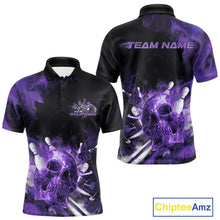 Load image into Gallery viewer, Custom Purple Fire Flame Skull Bowling Polo Shirts For Men, Halloween Bowling Outfits IPHW9580