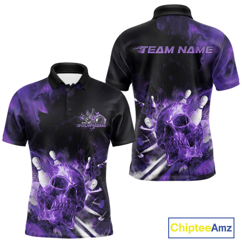 Custom Purple Fire Flame Skull Bowling Polo Shirts For Men, Halloween Bowling Outfits IPHW9580
