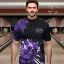 Load image into Gallery viewer, Custom Purple Fire Flame Skull Bowling Quarter-Zip Shirts For Men, Halloween Bowling Outfits IPHW9580